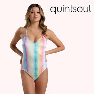 NWOT Unicorn Rainbow One Piece Colorful Velour Deep V Lace Up Sexy Swimsuit